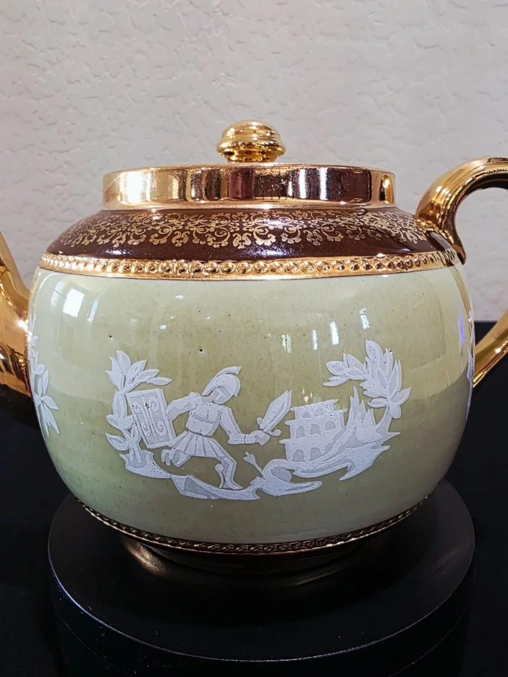 Vintage Teapot SUDLOW'S BURSLEM ENGLAND Green Gold Greek Mythology Porcleain